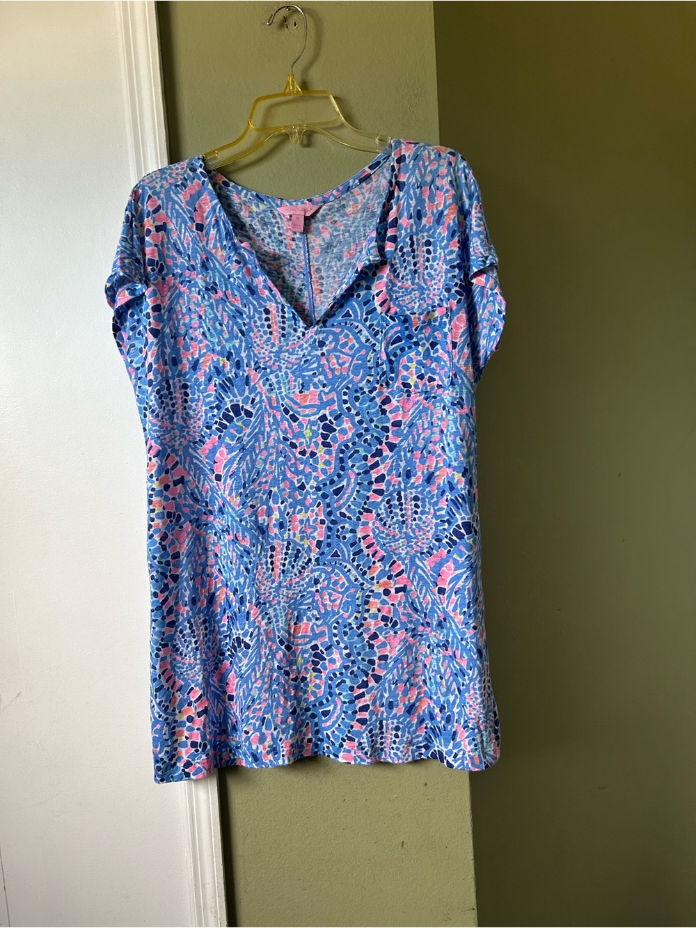 Lilly Pulitzer Blue Pink Abstract Floral V-Neck Tunic Top Sz M